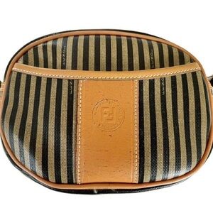 Vintage FENDI Brown Tan Pequin Stripe Oval Crossbody Bag Logo